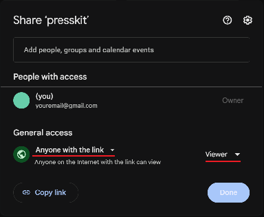 Google Drive sharing settings set to anyone with the link